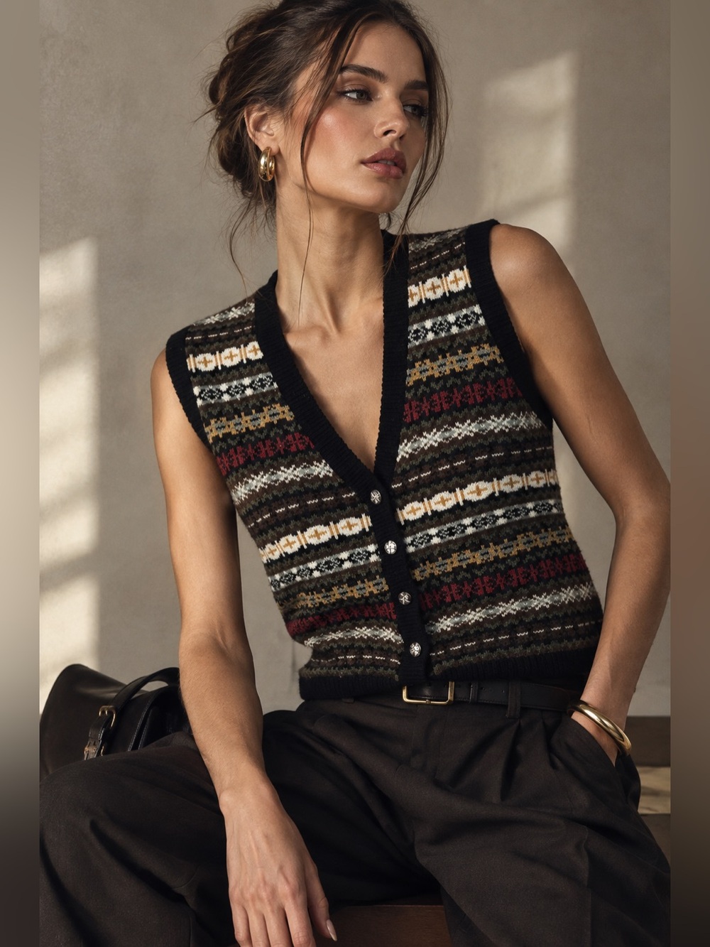 Vintage Town & Country Fair Isle Knit Sweater Vest 90s Boho S